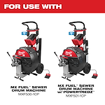 Two Milwaukee MX FUEL Sewer Drum Machines, one with POWERTREDZ, with red and black branding against a white background.