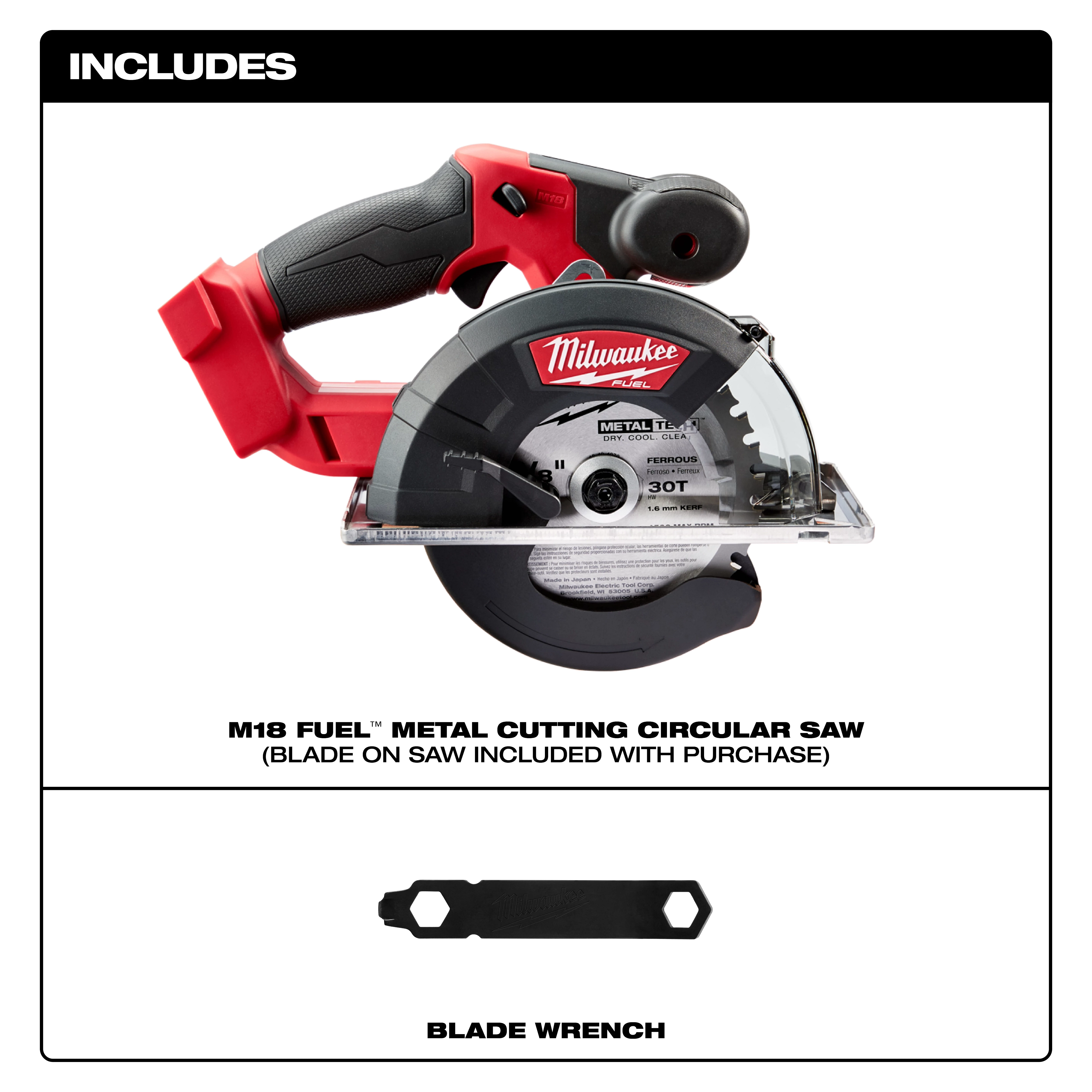 Milwaukee-branded M18 FUEL™ Metal Cutting Circular Saw with red and black handle, displayed alongside a blade wrench. The blade comes pre-installed on the saw and is included with the purchase, as indicated in the text above and below the product image.