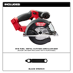 Milwaukee-branded M18 FUEL™ Metal Cutting Circular Saw with red and black handle, displayed alongside a blade wrench. The blade comes pre-installed on the saw and is included with the purchase, as indicated in the text above and below the product image.