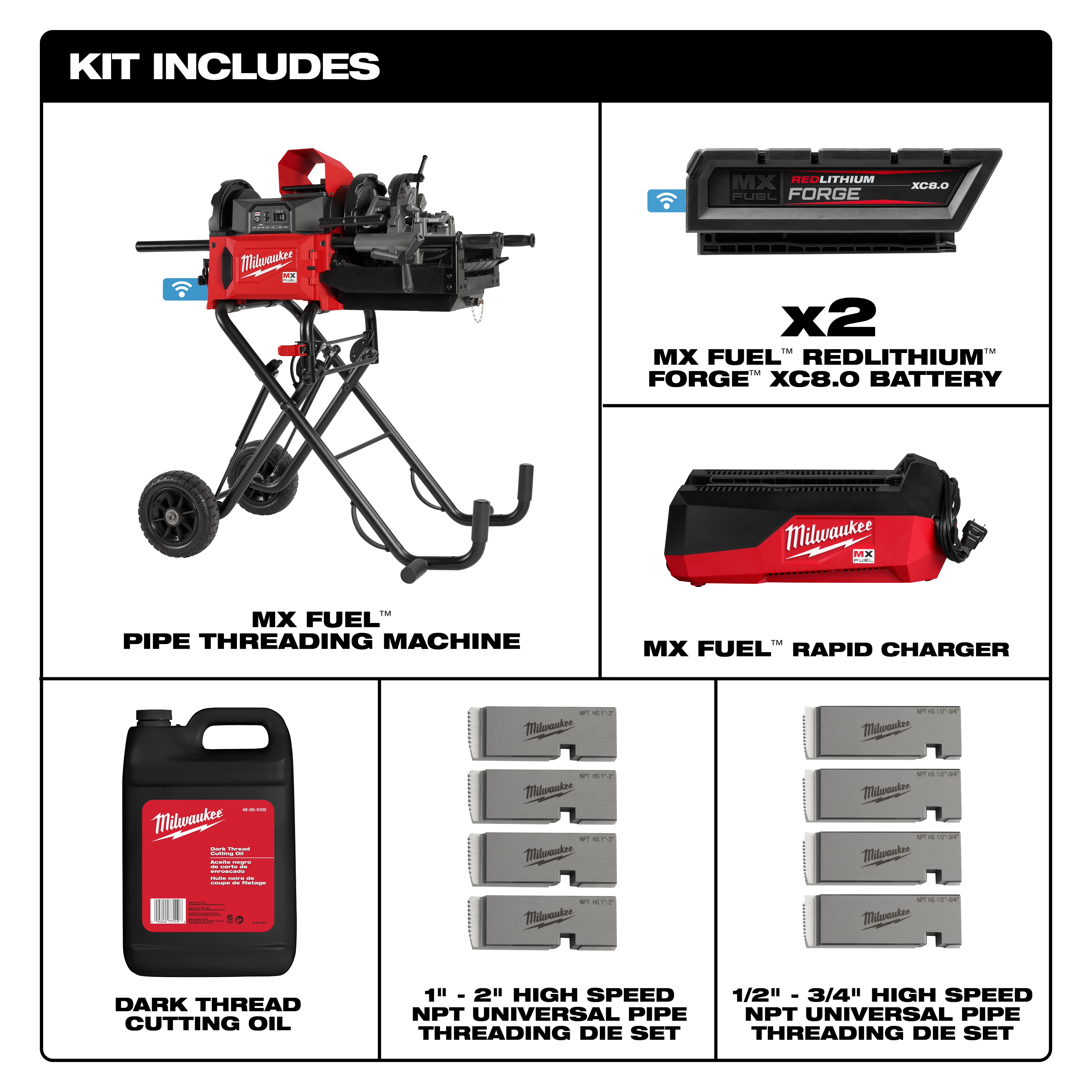 The kit includes the MX FUEL™ Pipe Threading Machine, two MX FUEL™ REDLITHIUM™ FORGE™ XC8.0 batteries, an MX FUEL™ rapid charger, dark thread cutting oil, a 1"-2" high-speed NPT pipe threading die set, and a 1/2"-3/4" high-speed NPT pipe threading die set. All components are shown with labels.