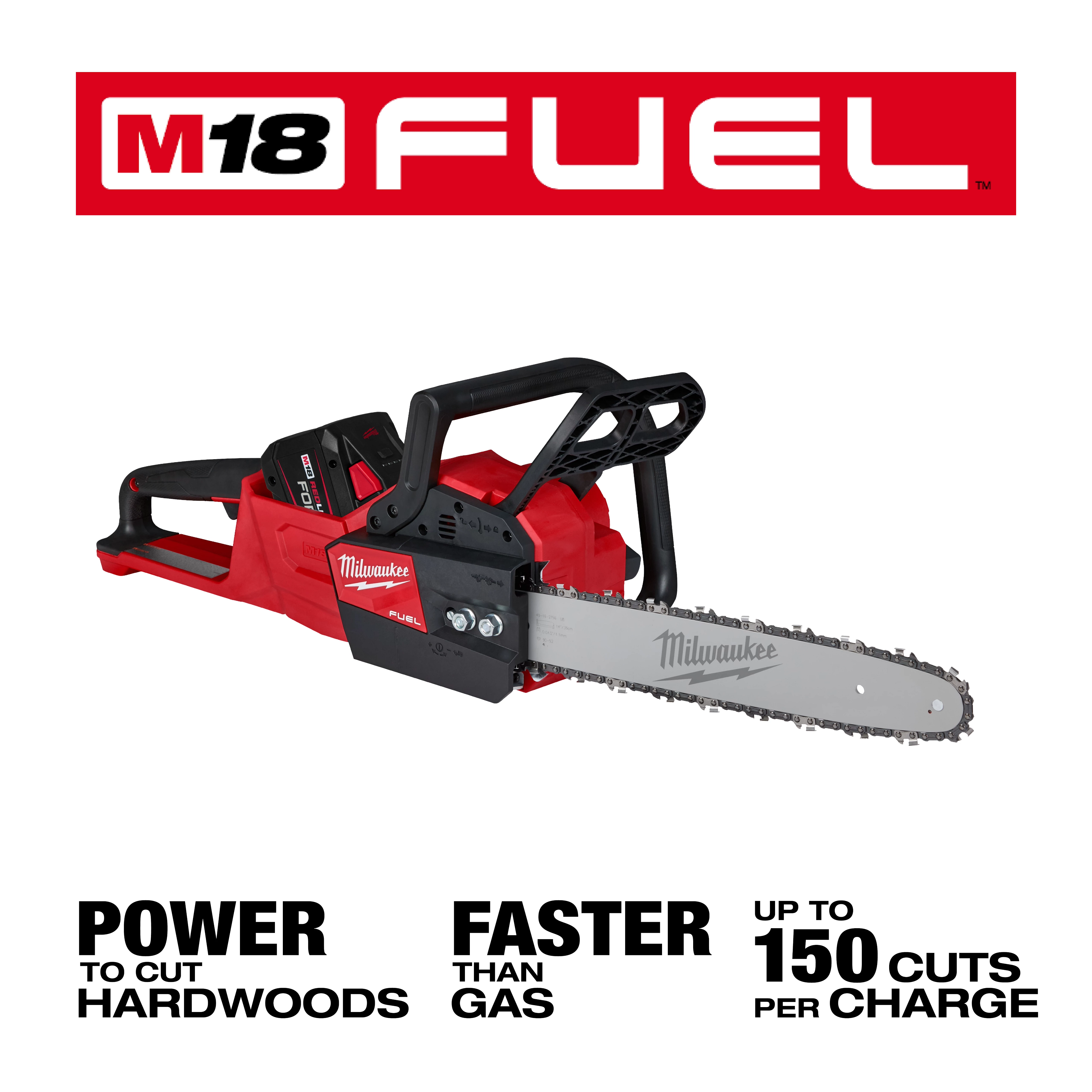 Image of a Milwaukee M18 FUEL™ Chainsaw with a red body and silver blade. Text indicates it has the power to cut hardwoods, is faster than gas chainsaws, and can make up to 150 cuts per charge.