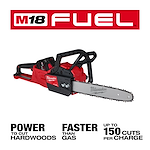 Image of a Milwaukee M18 FUEL™ Chainsaw with a red body and silver blade. Text indicates it has the power to cut hardwoods, is faster than gas chainsaws, and can make up to 150 cuts per charge.