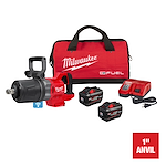 Milwaukee M18 FUEL™ 1" D-Handle High Torque Impact Wrench w/ ONE-KEY™. It includes the impact wrench, two batteries, a charger, and a red carrying case with the Milwaukee logo. The text "1" ANVIL" is displayed in the bottom right corner.