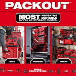 PACKOUT™ Site Transit Shop modular storage system showcases versatile, durable storage solutions for work sites, transit, and shops. The image displays stacked red toolboxes used in different settings, emphasizing customization and organization.