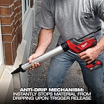 A person wearing a grey shirt and jeans uses a Milwaukee Cordless Caulking Gun to apply sealant along a brick wall and window. The image highlights the tool’s anti-drip mechanism. Text at the bottom reads, "ANTI-DRIP MECHANISM: INSTANTLY STOPS MATERIAL FROM DRIPPING UPON TRIGGER RELEASE."