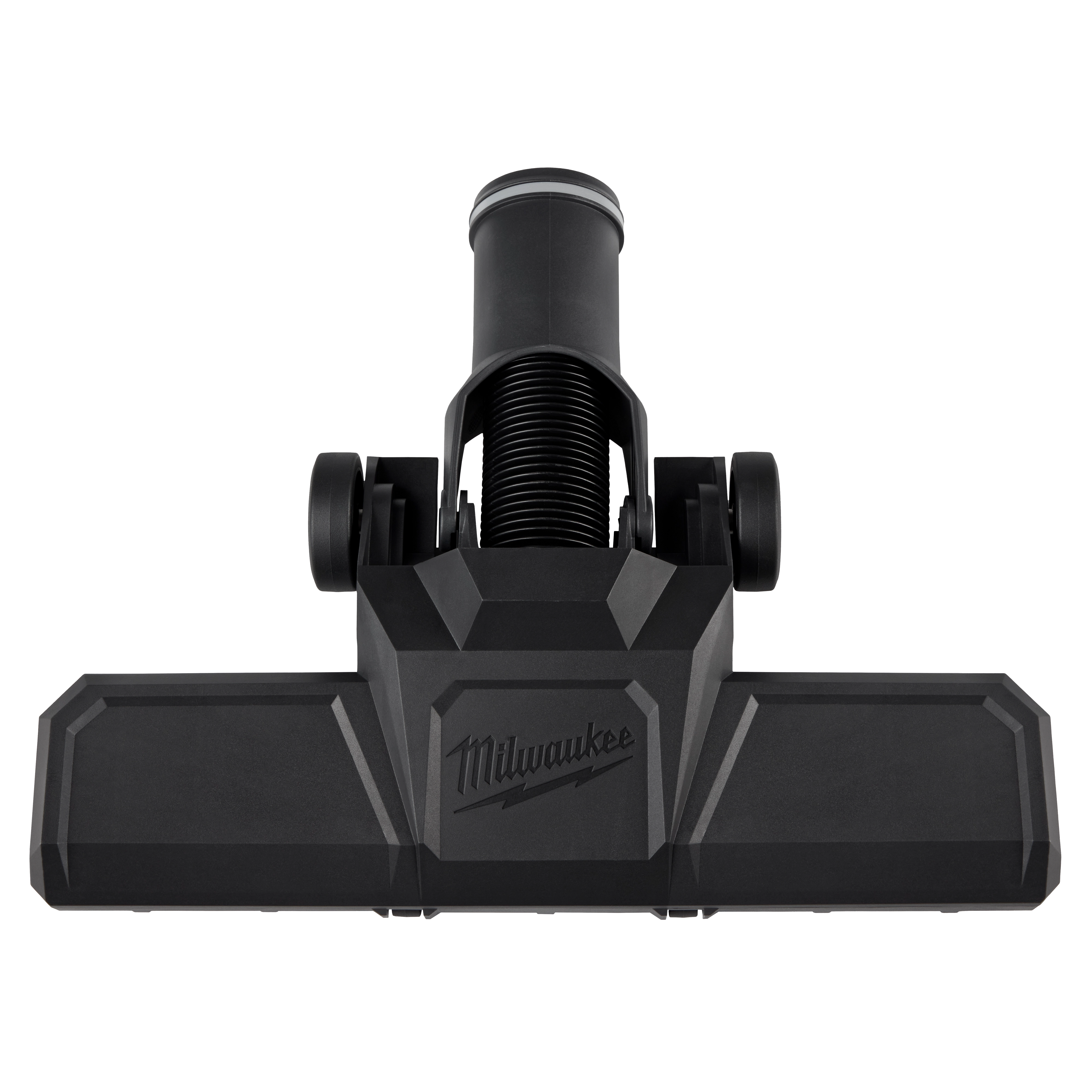The image shows a 1-7/8" Pivoting Floor Tool by Milwaukee, designed for use with vacuum cleaners. It features a rotating head for better maneuverability and a sleek black finish with the Milwaukee logo prominently displayed.