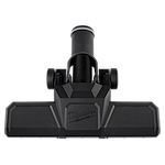 The image shows a 1-7/8" Pivoting Floor Tool by Milwaukee, designed for use with vacuum cleaners. It features a rotating head for better maneuverability and a sleek black finish with the Milwaukee logo prominently displayed.