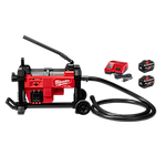The image shows an M18 FUEL Sewer Sectional Machine with accessories. The machine is red and black with a built-in handle, hose, and wheels. Also included are two batteries and a battery charger. The brand name "Milwaukee" and "FUEL" are visible on the machine.