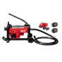 The image shows an M18 FUEL Sewer Sectional Machine with accessories. The machine is red and black with a built-in handle, hose, and wheels. Also included are two batteries and a battery charger. The brand name "Milwaukee" and "FUEL" are visible on the machine.
