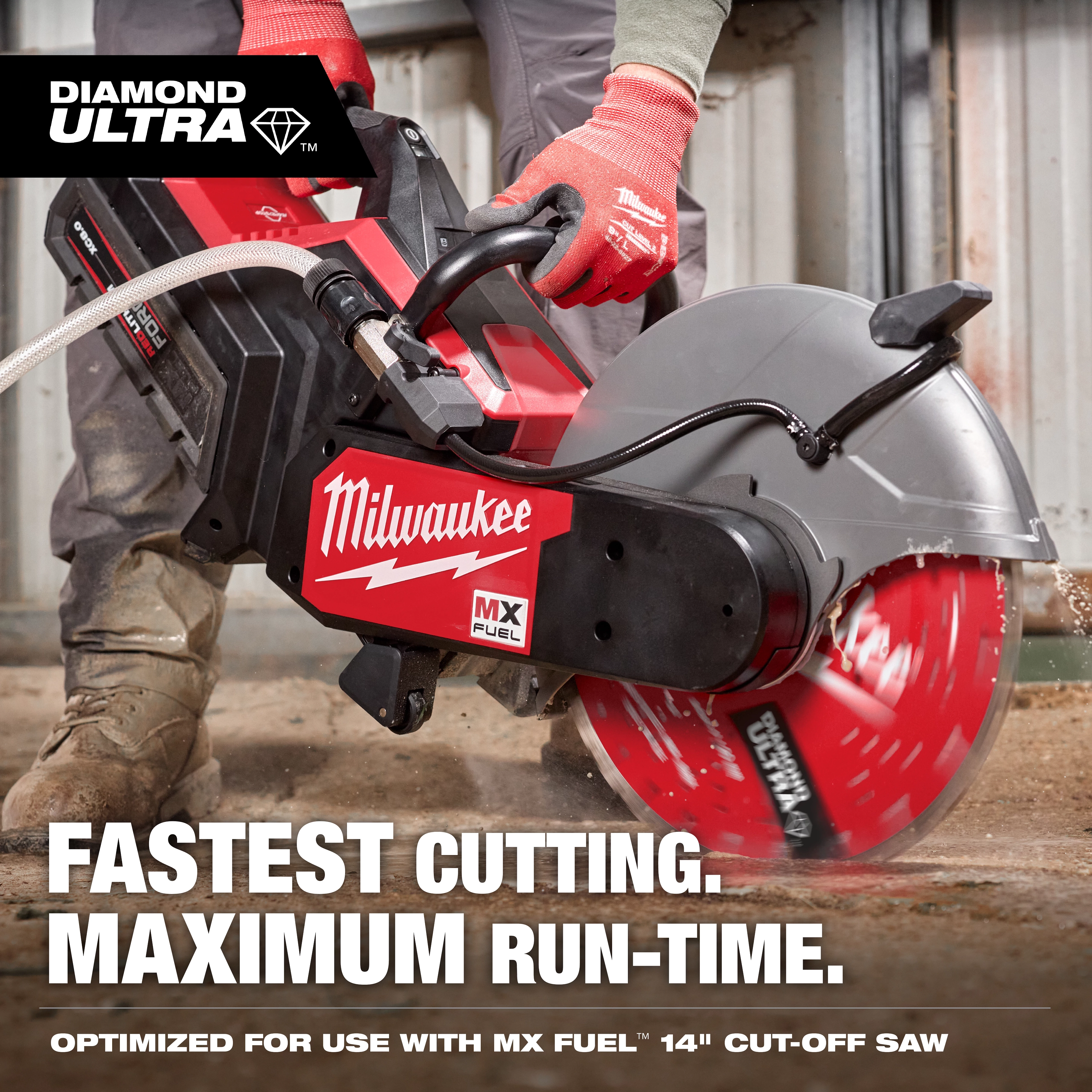 A person is using a Milwaukee MX Fuel 14" cut-off saw equipped with a red DIAMOND ULTRA™ Segmented Turbo, General Purpose Diamond Blade to cut through a material. The text on the image highlights "FASTEST CUTTING. MAXIMUM RUN-TIME." and mentions optimization for use with the MX Fuel 14" cut-off saw.