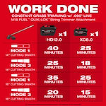 The image shows a chart detailing usage times for the M18 FUEL™ QUIK-LOK™ String Trimmer Attachment. It includes battery options HD12.0 and XC8.0 and work times for Mode 1 and Mode 3 with 14-inch and 16-inch cutting swaths.