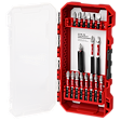 The SHOCKWAVE™ Impact Duty Driver Bit Set -18PC is displayed in a red and transparent hard plastic case. The set includes a variety of driver bits and an adapter neatly organized within the case.