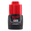 This image shows the Milwaukee M12 REDLITHIUM CP 1.5 battery. It features a red top section and a black bottom section with the Milwaukee logo and battery specifications printed on it. The battery is designed for use with Milwaukee M12 power tools.