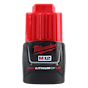 This image shows the Milwaukee M12 REDLITHIUM CP 1.5 battery. It features a red top section and a black bottom section with the Milwaukee logo and battery specifications printed on it. The battery is designed for use with Milwaukee M12 power tools.