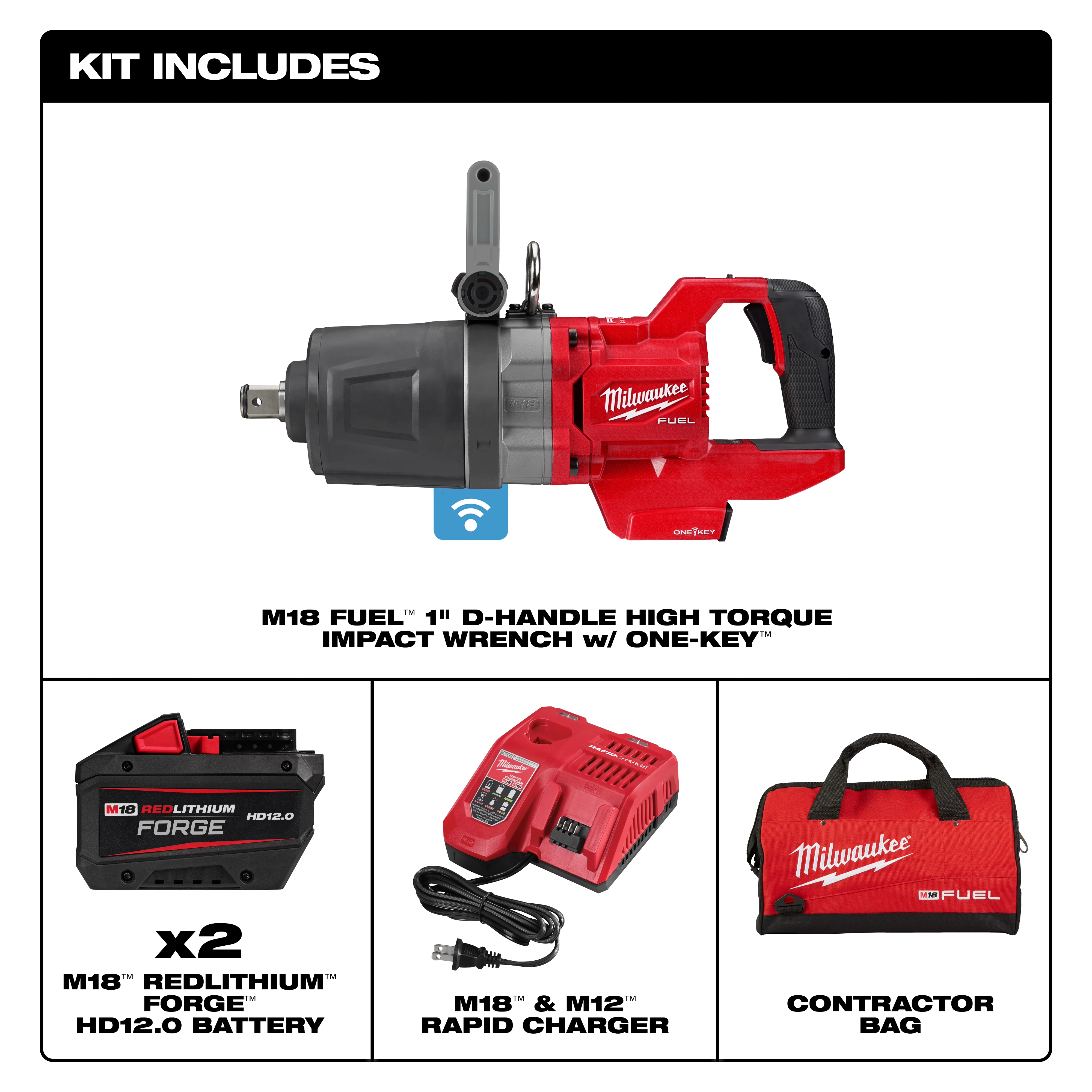 A Milwaukee Tool kit that includes an M18 FUEL™ 1" D-Handle High Torque Impact Wrench with ONE-KEY™, two M18™ REDLITHIUM™ FORGE™ HD12.0 batteries, an M18™ & M12™ Rapid Charger, and a red contractor bag.