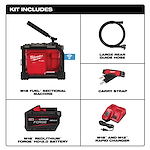 The image shows the contents of a kit that includes the M18 FUEL™ Sectional Machine for 5/8” & 7/8” Cable. The kit contains the M18 FUEL™ Sectional Machine, a large rear guide hose, a carry strap, an M18™ REDLITHIUM™ FORGE™ HD12.0 Battery, and an M18™ and M12™ rapid charger.