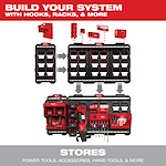 Hover Image shows a modular tool storage system with hooks, racks, and other attachments for organizing power tools and accessories.