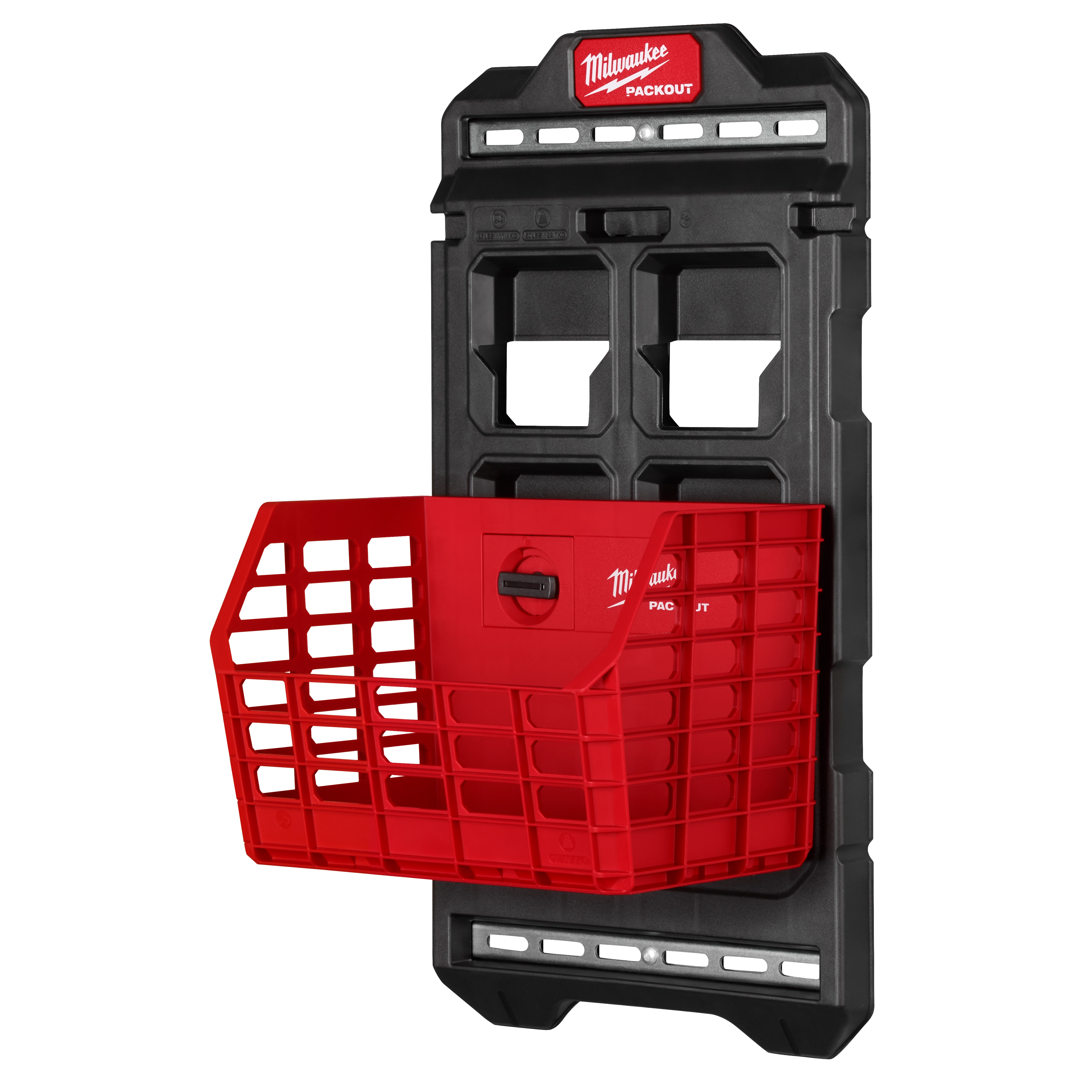 Milwaukee PACKOUT Compact Wall Plate with a red basket attached, designed for tool storage and organization.