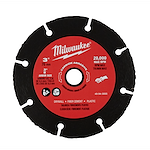 The 3" Carbide Abrasive Cut-Off Blade by Milwaukee features a maximum RPM of 20,000. It is compatible with 3/8" arbor size and is designed for cutting drywall, fiber cement, and plastic. The blade has a black edge and a red center with specifications and safety icons.