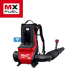 The MX FUEL™ Backpack Blower from Milwaukee is shown. It features a red and black design, adjustable harness, and a large blower tube. The MX FUEL™ logo is visible in the top left corner.