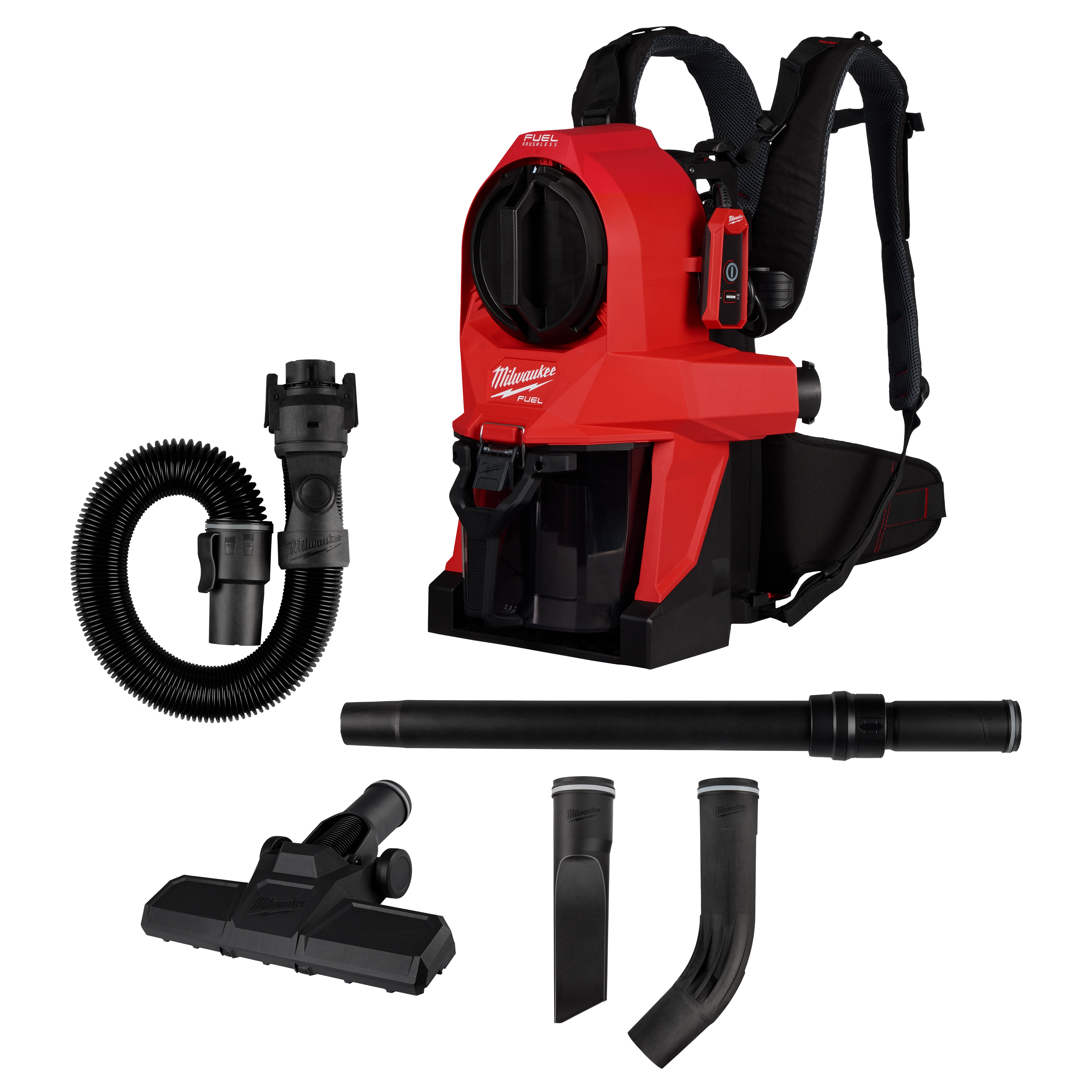 The M18 FUEL™ 3-in-1 Backpack Vacuum features a red backpack-style vacuum unit with black straps, an attached hose, and multiple attachments including a floor nozzle, extension wand, and crevice tools.