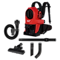 The M18 FUEL™ 3-in-1 Backpack Vacuum features a red backpack-style vacuum unit with black straps, an attached hose, and multiple attachments including a floor nozzle, extension wand, and crevice tools.