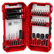 A red tool organizer case is open, displaying a variety of drill and screwdriver bits along with two socket adapters labeled 1/2 and 9/16. The case has labeled slots for easy organization and a label indicating it fits in Packout Organizers.