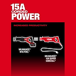 The image shows the M18 FUEL™ SUPER SAWZALL® Reciprocating Saw by Milwaukee® highlighting its 15A corded power. Text indicates "INCREASED PRODUCTIVITY," with a visual comparison between the cordless M18 FUEL™ saw and the corded 15A SUPER SAWZALL®.