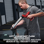 A person in a gray shirt uses a red and black caulking gun to apply sealant to a car windshield. The image includes text about CFT Constant Flow Technology, highlighting its ability to offer a steady flow rate and even beads at all viscosity levels.