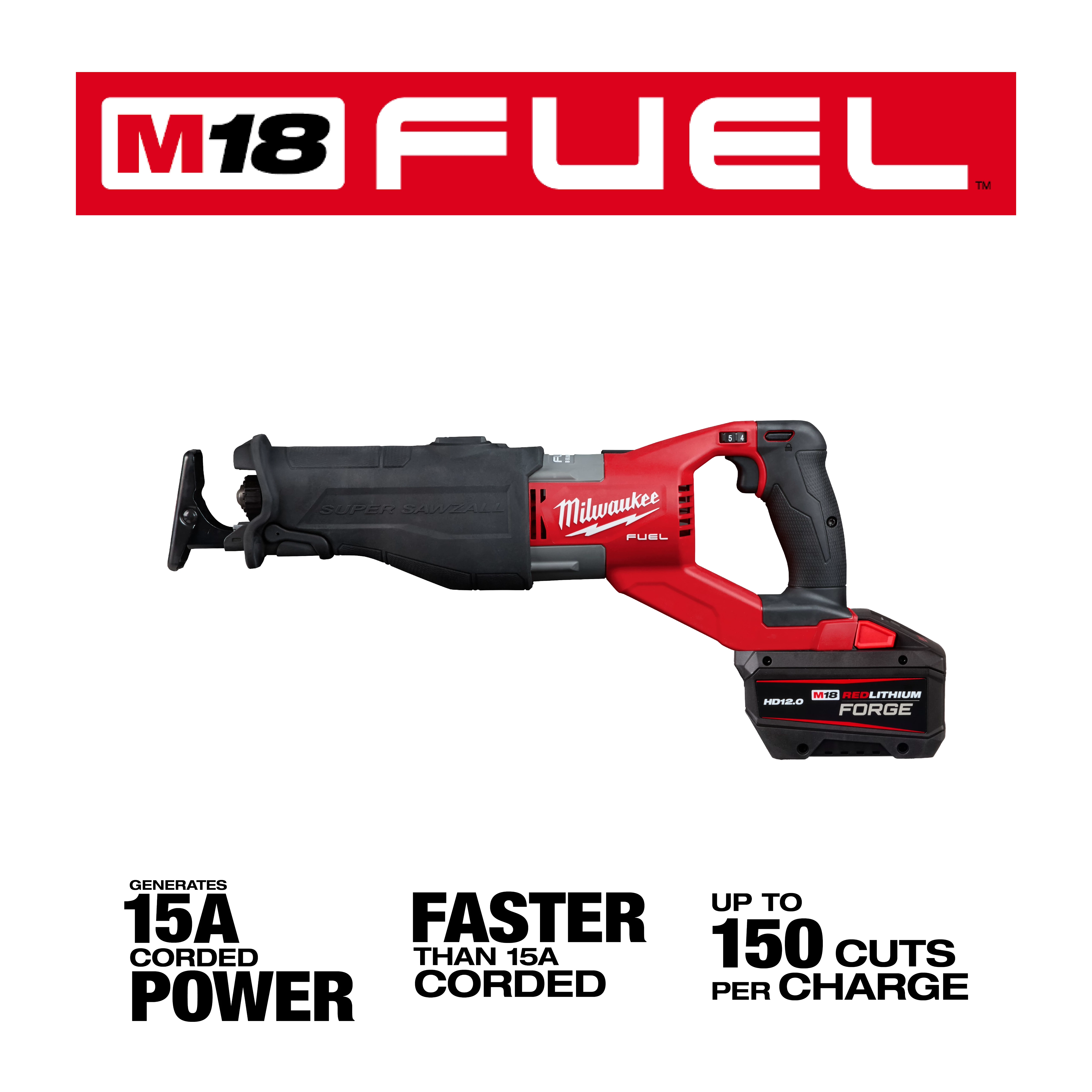 Image of the M18 FUEL™ SUPER SAWZALL® Reciprocating Saw. The saw is red and black with a "Milwaukee" logo, featuring a battery pack at the bottom. Text highlights features: generates power equal to 15A corded, operates faster, and makes up to 150 cuts per charge.