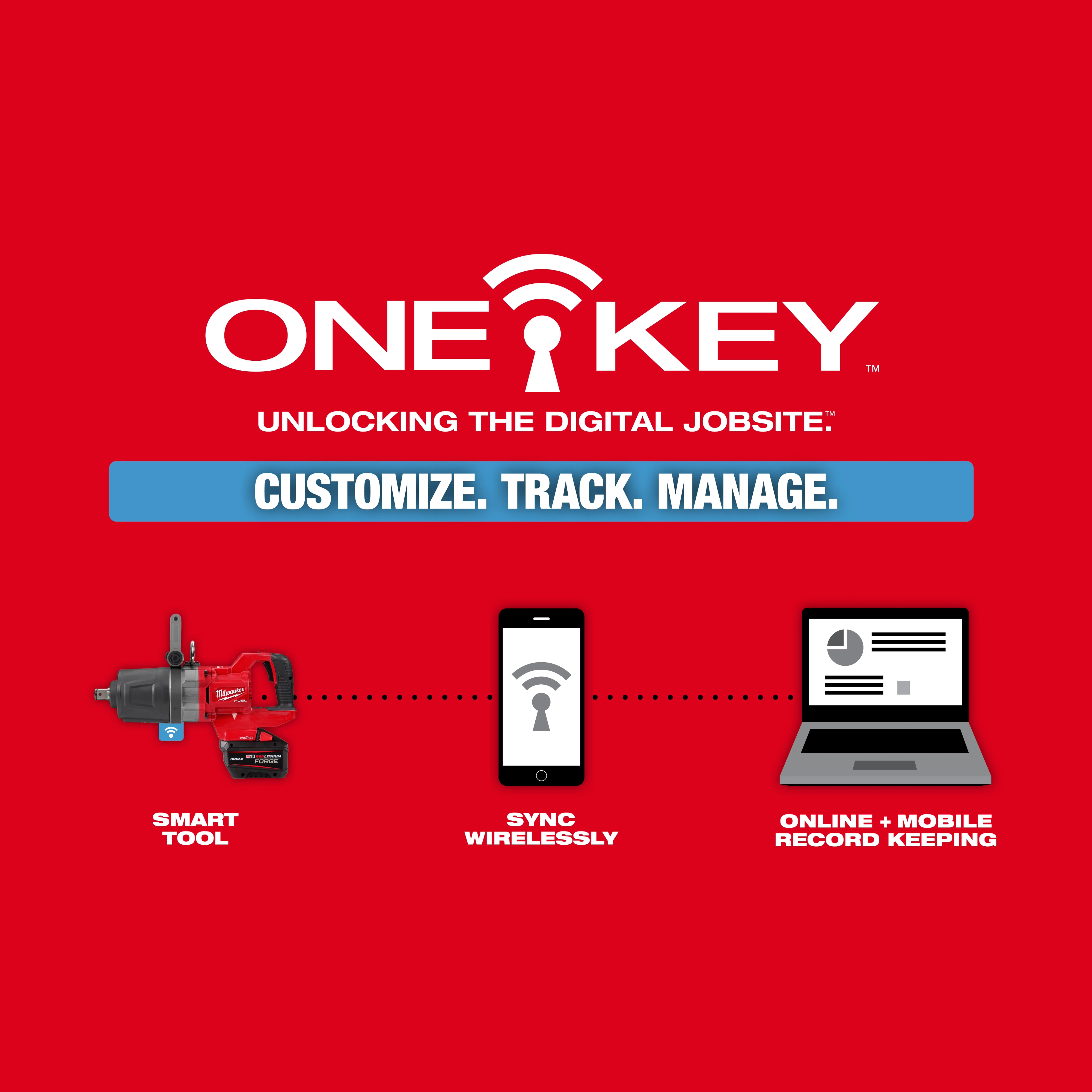 Promotional image for M18 FUEL™ 1" D-Handle High Torque Impact Wrench w/ ONE-KEY™. Features include a red electric impact wrench, a smartphone displaying wireless syncing, and a laptop for online and mobile record keeping. The background is red with the text "ONE-KEY™ Unlocking the Digital Jobsite" and "Customize. Track. Manage."