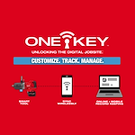 Promotional image for M18 FUEL™ 1" D-Handle High Torque Impact Wrench w/ ONE-KEY™. Features include a red electric impact wrench, a smartphone displaying wireless syncing, and a laptop for online and mobile record keeping. The background is red with the text "ONE-KEY™ Unlocking the Digital Jobsite" and "Customize. Track. Manage."