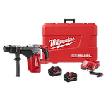 Image of the M18 FUEL 1-9/16 SDS MAX Hammer Drill Primary Image. Includes a hammer drill, two batteries, a charger, and a red carrying case labeled "Milwaukee M18 FUEL."