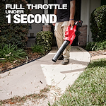 A person uses the M18 FUEL™ Dual Battery Blower to clear debris from a sidewalk. The text on the image reads "Full throttle under 1 second." Shrubs and a house entrance are visible in the background.