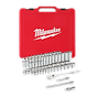 A red Milwaukee case is displayed, containing the "56pc 3/8" Drive SAE and Metric Ratchet and Socket Set." Various chrome sockets and a 3/8" drive ratchet, along with extensions, are arranged in front of the case.