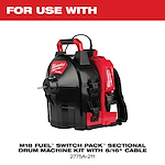 Milwaukee M18 Fuel Switch Pack Sectional Drum Machine Kit features a black and red handheld device with a 5/16" cable for cleaning pipes. The product name and model number, 2775A-211, are displayed below the image. Suitable for professional use.