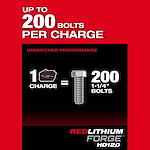 A promotional image for M18 FUEL™ 1" D-Handle High Torque Impact Wrench w/ ONE-KEY™. It highlights "Up to 200 bolts per charge" with an illustration showing one charge of a REDLITHIUM™ FORGE HD12.0 battery equals fastening 200 1-1/4" bolts, emphasizing unmatched performance.