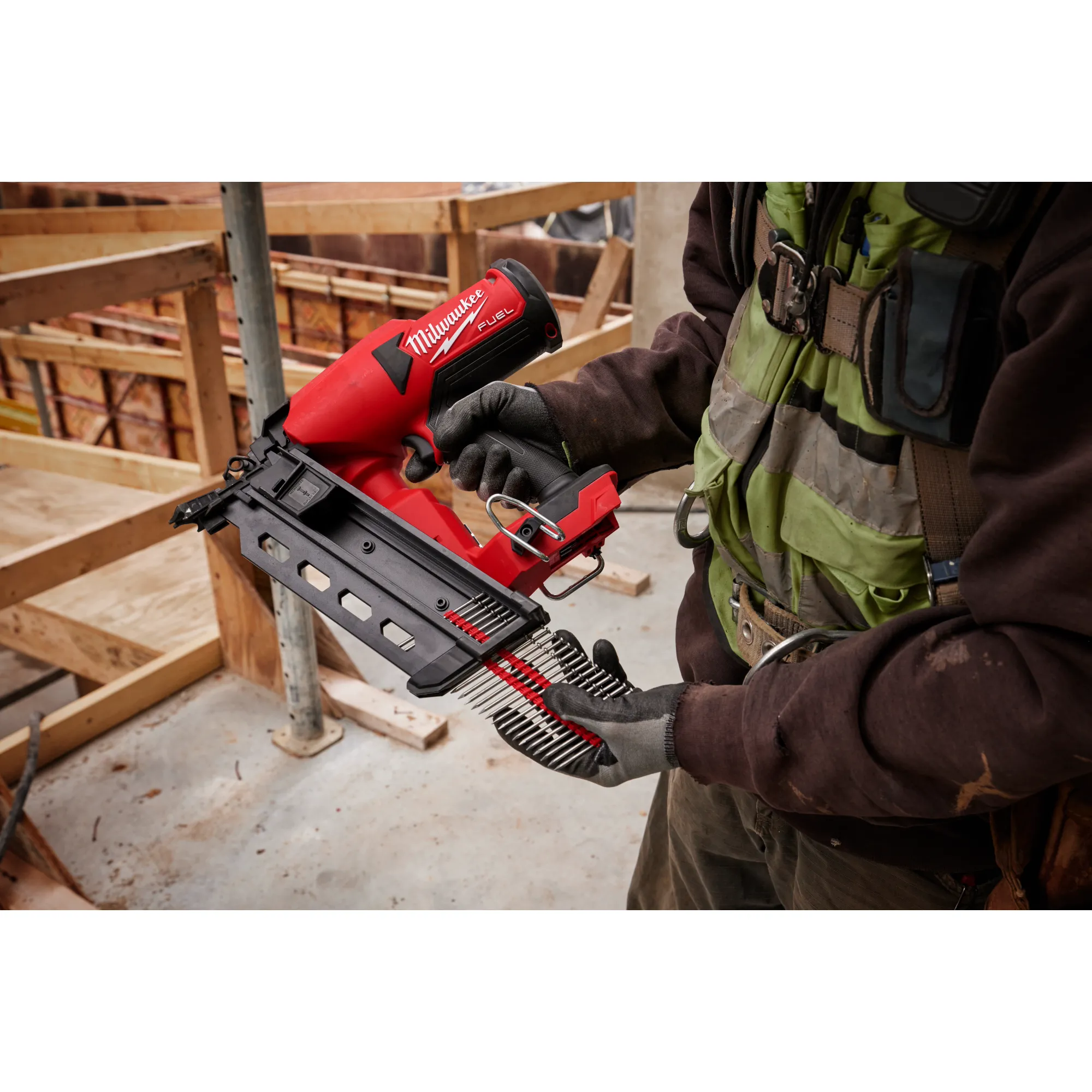 Image of the Milwaukee M18 Duplex Nailer being used by a worker on a jobsite