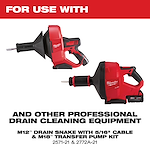Milwaukee M12™ drain snake and M18™ transfer pump kit are featured with their respective model numbers, 2571-21 and 2772A-21. Both tools are designed for professional drain cleaning tasks. The image highlights their compatibility for use with other professional equipment.