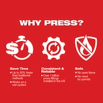 Milwaukee "Why Press?" image highlighting time savings, reliability and safety on red background