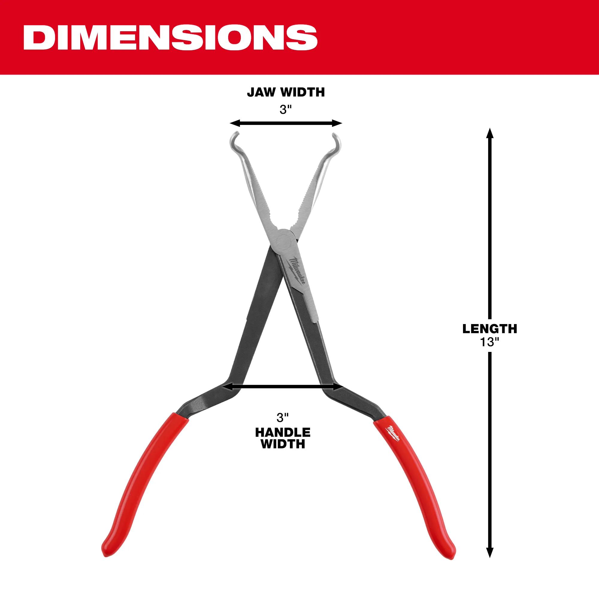 Jaw width: 3", Length: 13", and handle width: 3"