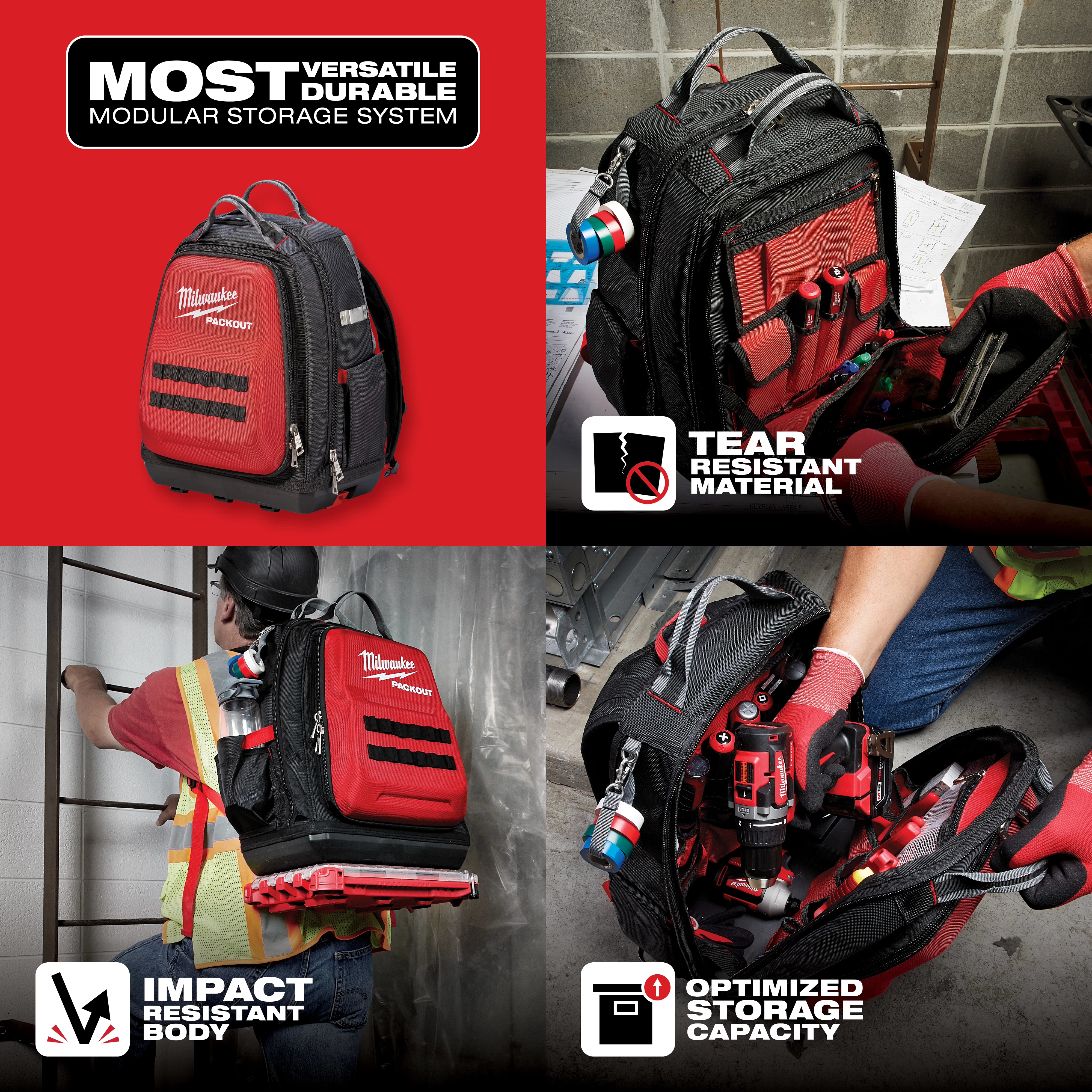 Milwaukee Packout backpack is depicted in various use cases, highlighting its tear-resistant material, impact-resistant body, and optimized storage capacity.