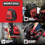 Milwaukee Packout backpack is depicted in various use cases, highlighting its tear-resistant material, impact-resistant body, and optimized storage capacity.