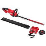 Image of the M18 FUEL™ 30" Hedge Trimmer Kit, which includes a red and black hedge trimmer, black protective blade cover, red battery charger, black power cord, and black battery.