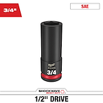 SHOCKWAVE 1/2 in. Drive 3/4 in. Deep 6 Point Impact Socket, 1 Pack, is a black, cylindrical tool for heavy-duty use. It features the Milwaukee logo, product number, and "3/4" marking in white text. The label highlights its 1/2-inch drive and SAE standard.