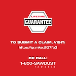 Red advertisement for Mechanic Hand Tools showing a lifetime guarantee. It includes contact details for submitting a claim: a URL (https://qr.mke.tl/27fb3) and a phone number (1-800-SAWDUST).