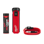 The REDLITHIUM™ USB Charger and Portable Power Source Kit includes a black and red USB 3.0 battery, a red charger with Milwaukee branding, and a coiled red USB cable with black connectors.