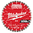 Image of a 12" DIAMOND ULTRA™ Segmented Turbo, General Purpose Diamond Blade. The red blade has "Milwaukee" branding, and is designed for cutting reinforced concrete, brick, block, stone, and roof tile. It features a segmented edge with measurement specifications listed.