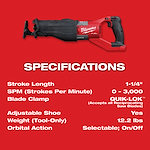 M18 FUEL Super Sawzall
Product Specifications