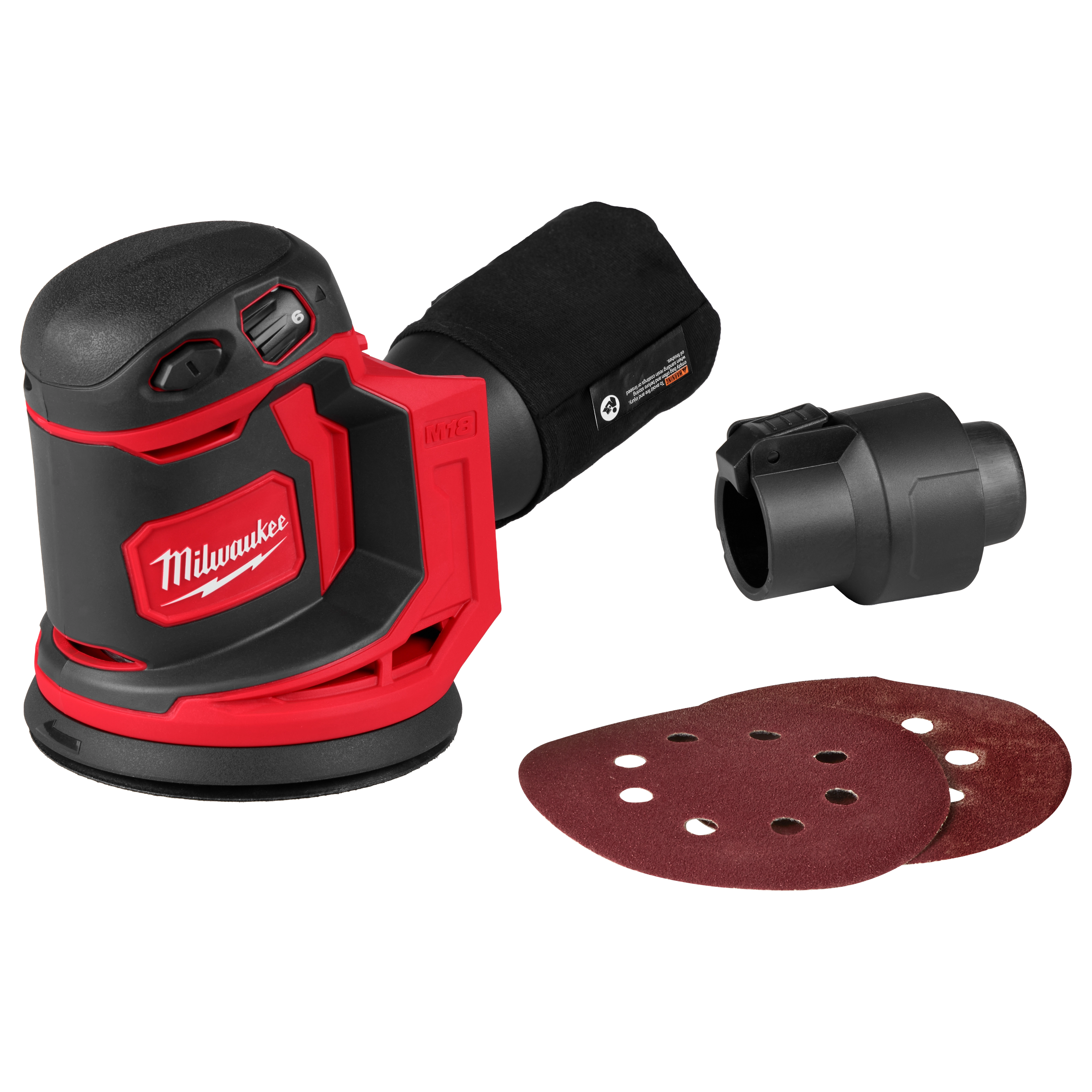 Milwaukee cordless random orbit sander with red and black color scheme. The sander includes a dust bag, an attachment, and three circular sanding pads. The Milwaukee logo is visible prominently on the side of the tool.